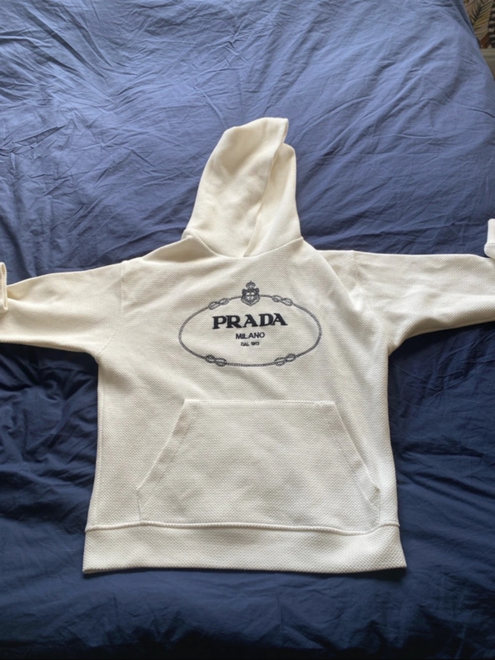 Prada Cream Knit Hooded Sweater with Navy Logo